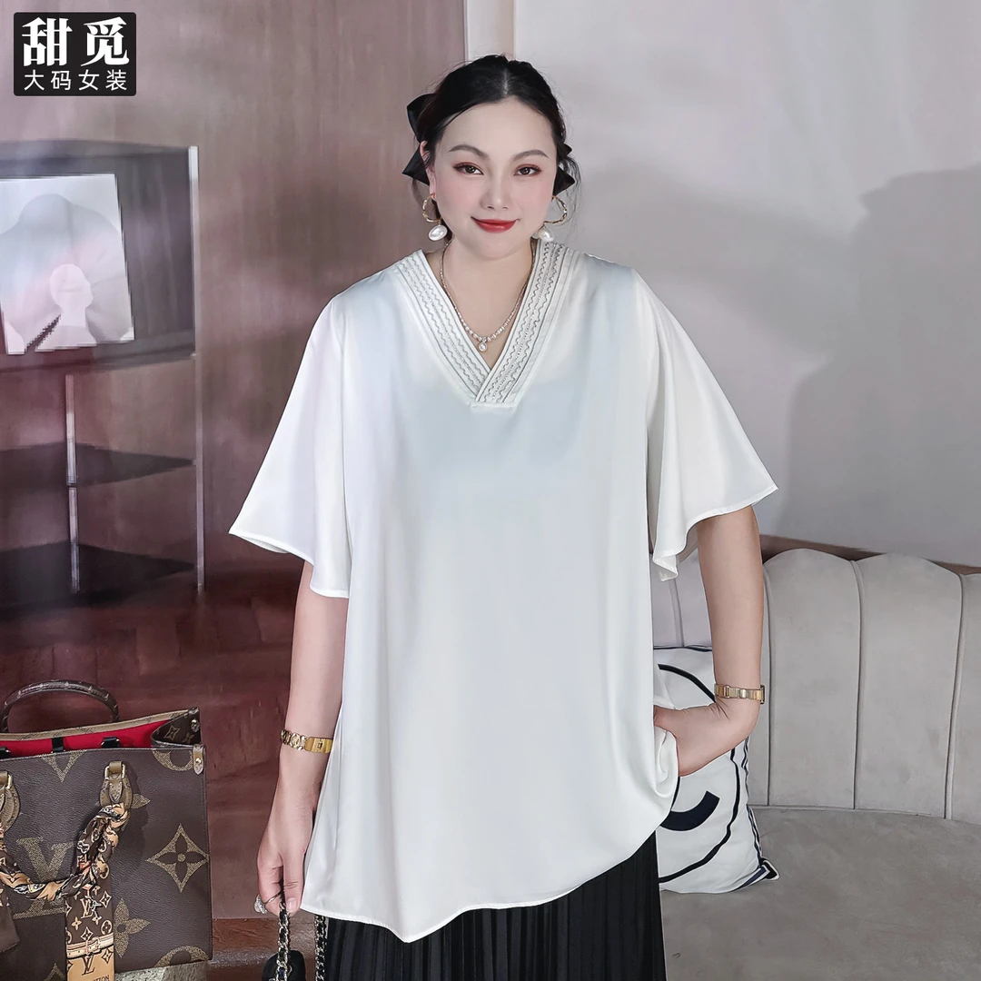 甜觅特大码女装2025夏季胖mm300斤重工钉钻钉珠中长款V领雪纺衫DF