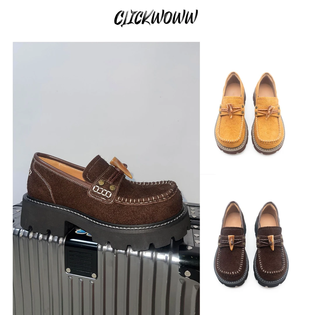 ClickWoww 厚底增高反绒牛角扣装饰乐福鞋女