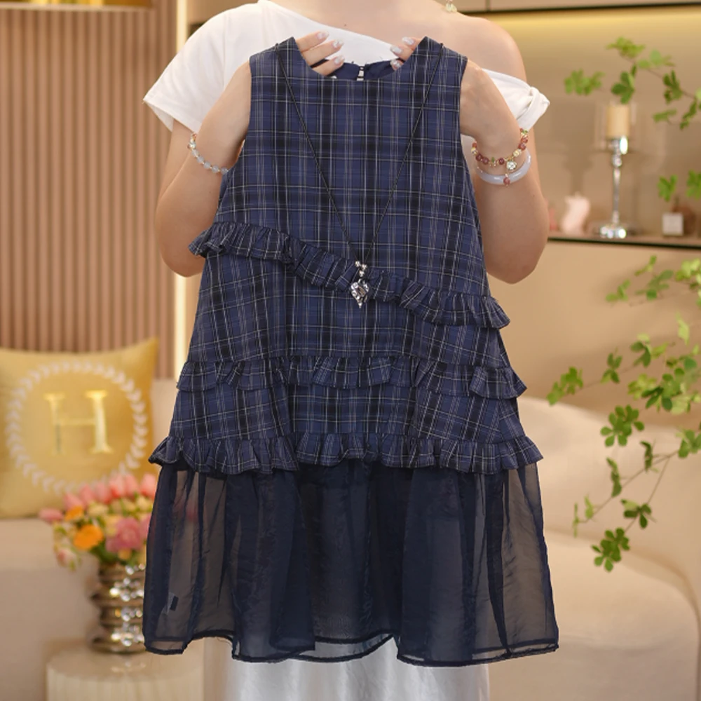 【闺蜜家】女童2025夏季新款格子无袖背心荷叶花边网纱连衣裙-8502