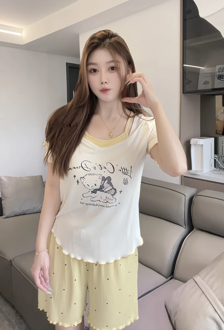 新款莫代尔睡衣套装带胸垫春夏款甜美韩版舒适减龄夏季女士1