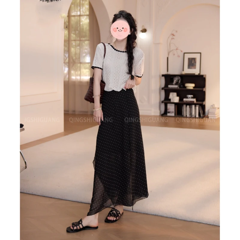 时尚百搭透气撞色镂空针织衫韩版修身上衣波点包臀纱裙a字半身裙