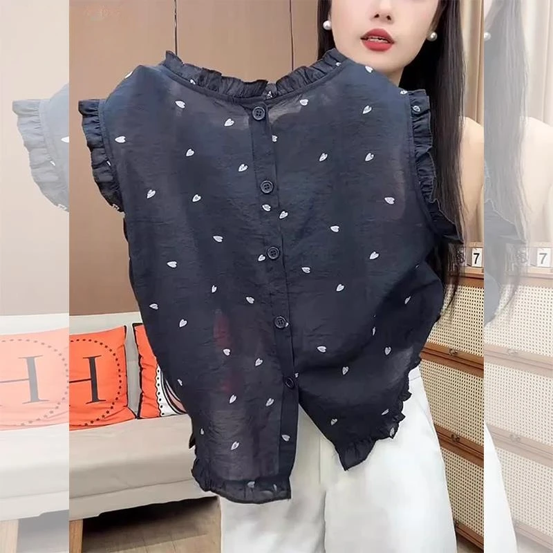 藏蓝色木耳边无袖背心衬衫女夏季2025新款韩系宽松爱心印花衬衣潮