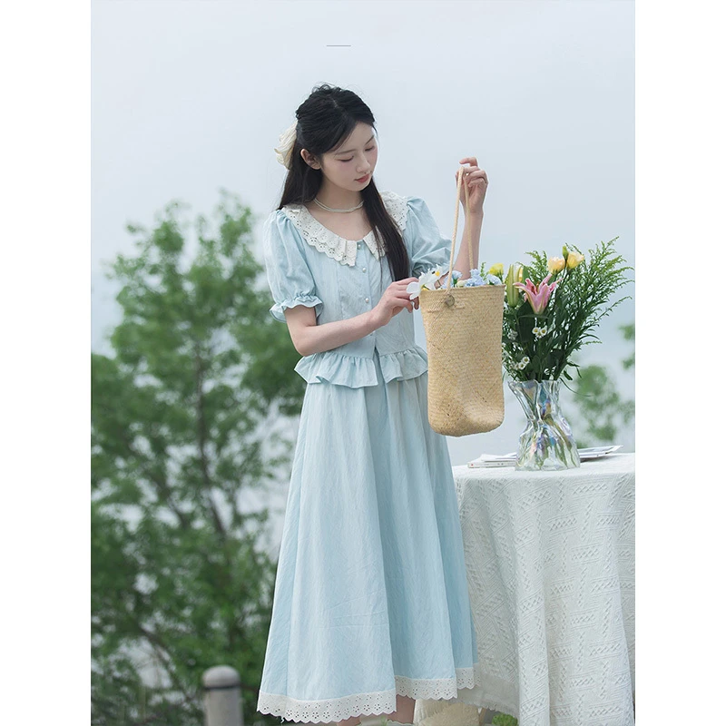 素色左岸法式轻熟套装女夏季新款短袖衬衫蕾丝边漂亮半身裙两件套
