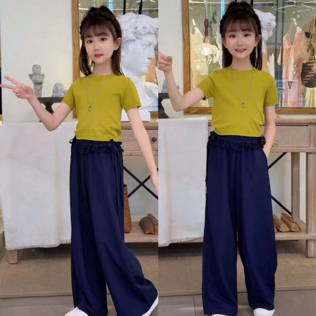 2025夏季女童新款花边腰薄款牛仔裤短袖上衣时尚洋气套装