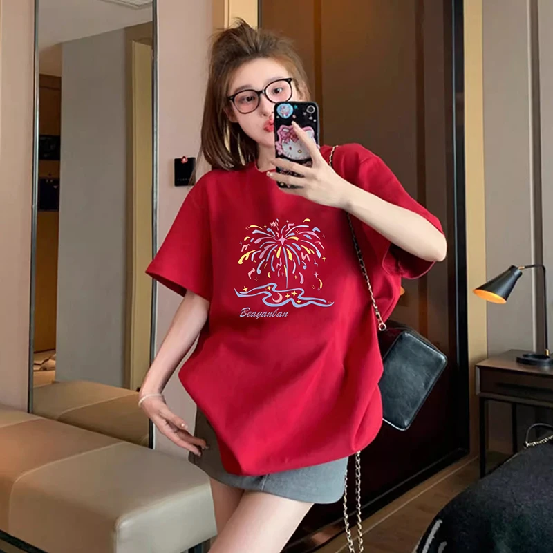 佐朗格奴纯棉220克时尚设计印花圆领短袖t恤女大红色新款宽松上衣