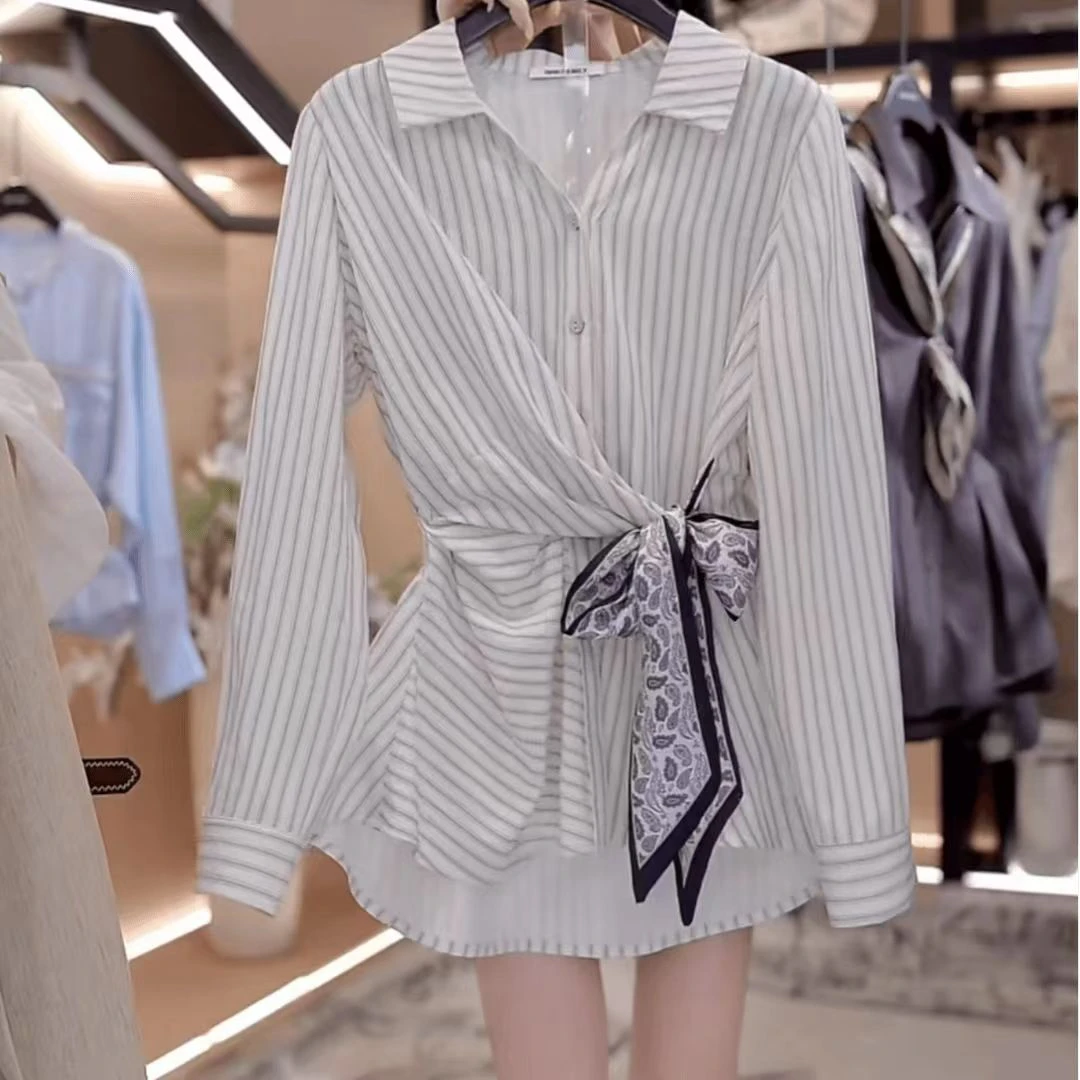 法式chic风长袖丝巾绑带收腰显瘦衬衫女秋季条纹高级感V领上衣