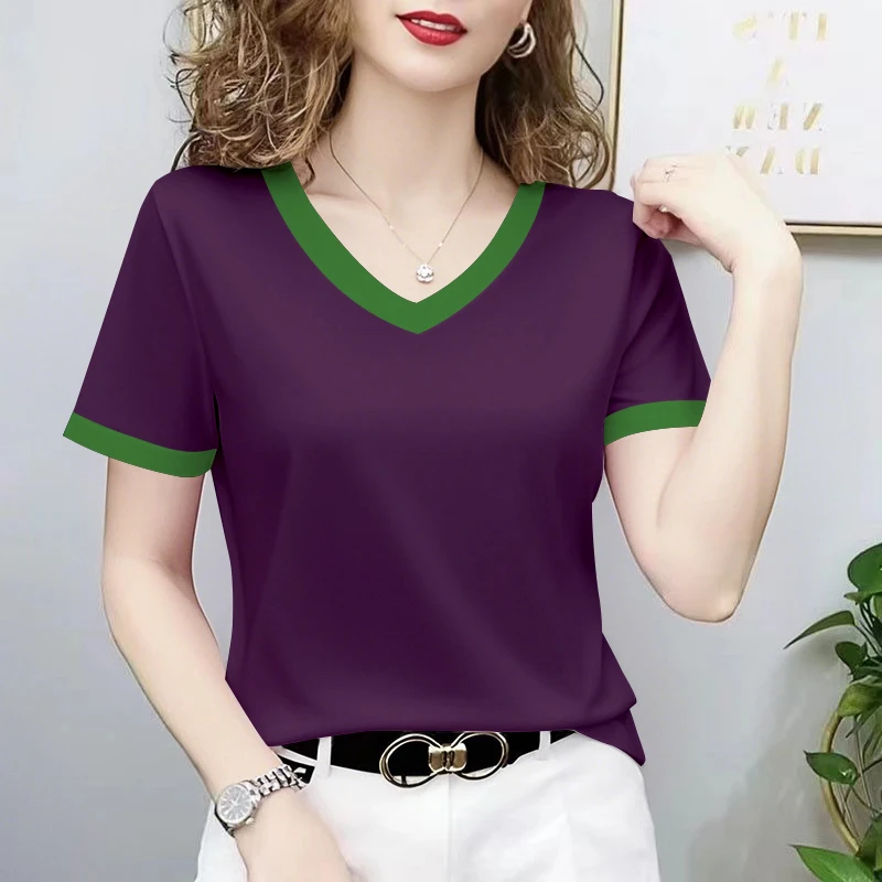 大码胖MM撞色纯棉短袖T恤女2025年新款夏季设计感V领正肩上衣衫潮