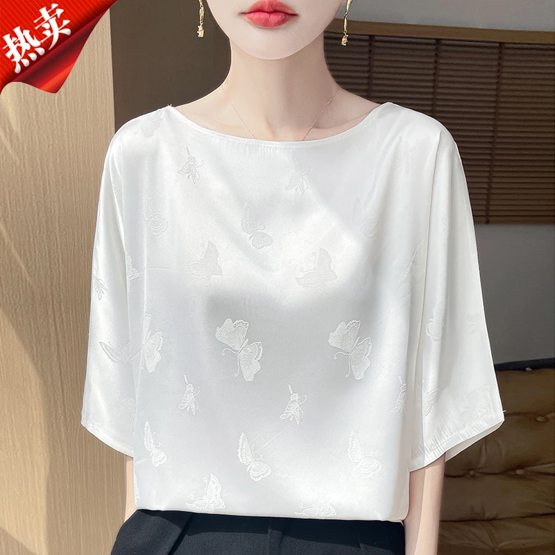 哥弟阿玛施正品夏季时尚国风圆领宽松T恤7分袖新中式提花休闲上衣