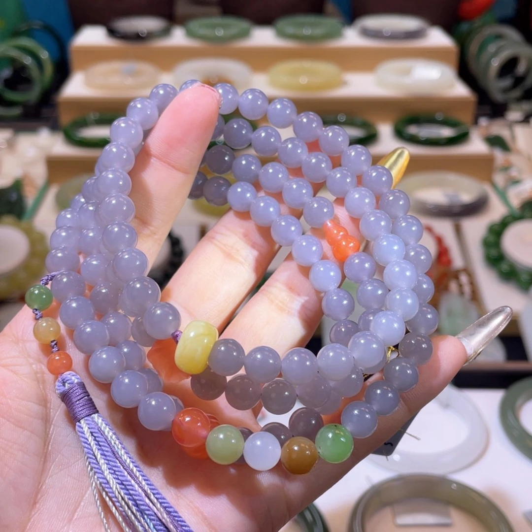 和田玉高品烟紫108未镶嵌