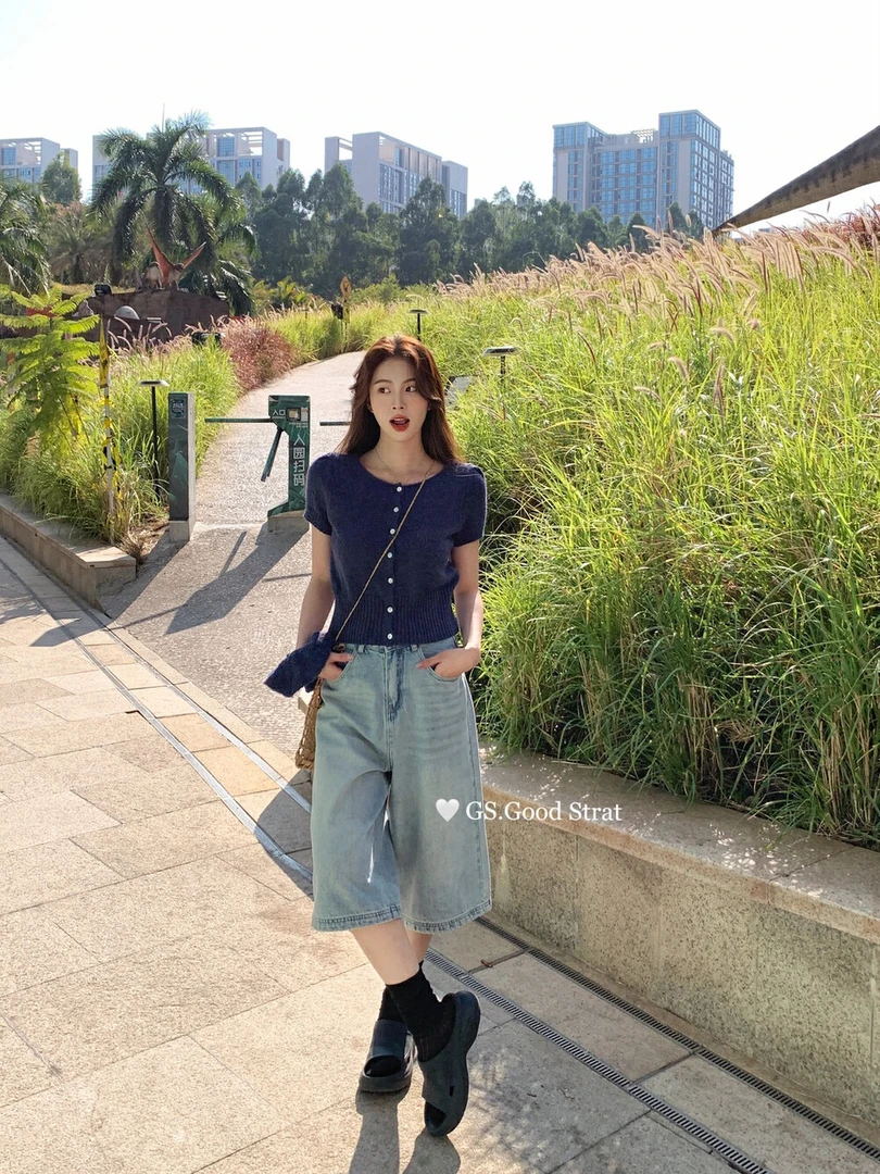 法式短袖女开衫款衬衫袖毛针织衫百搭薄款女装上衣休闲夏季