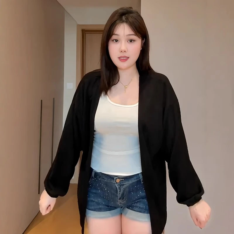 大码休闲复古薄款冰丝针织开衫女夏季胖mm宽松显瘦外套超好看上衣