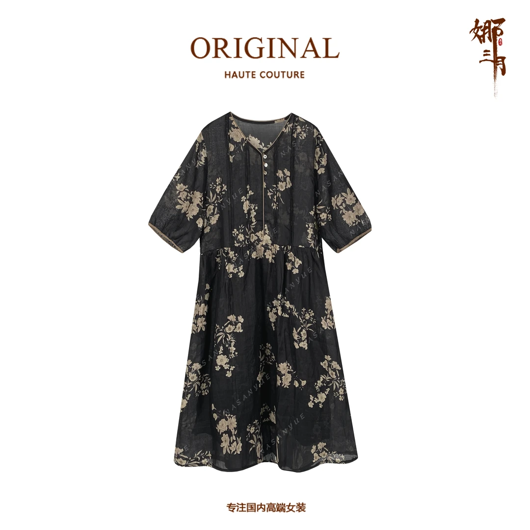 娜三月【100%高支苎麻】高级感复古印花夏款柔软宽松连衣裙S8152