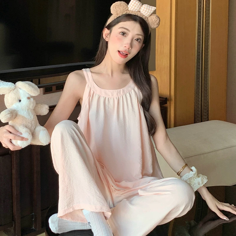 纯欲风睡衣女士夏季带胸垫背心套装无袖家居服防走光大码薄款长裤