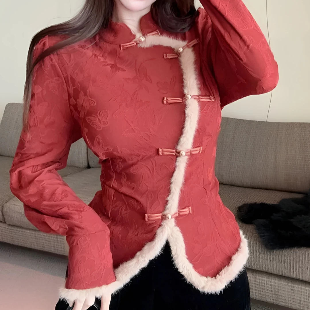 红色新中式棉服保暖洋气