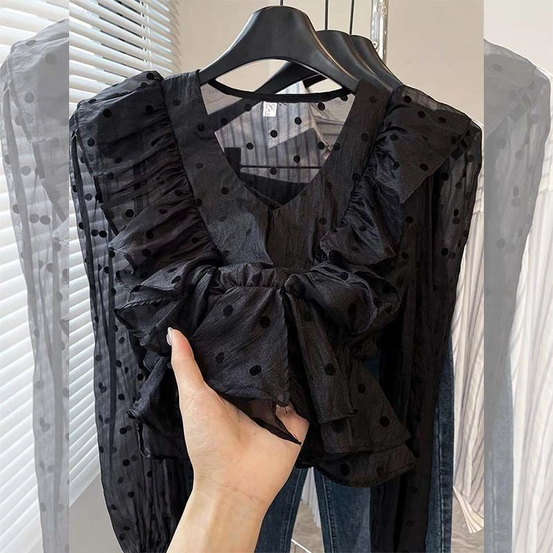 法式甜美设计波点长袖V领衬衫女2025新款复古小众气质荷叶边上衣