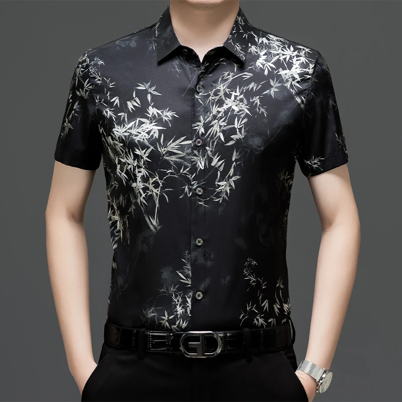 中青年中年上衣轻奢商务男士提花常规衬衫高档短袖印花夏季男半袖