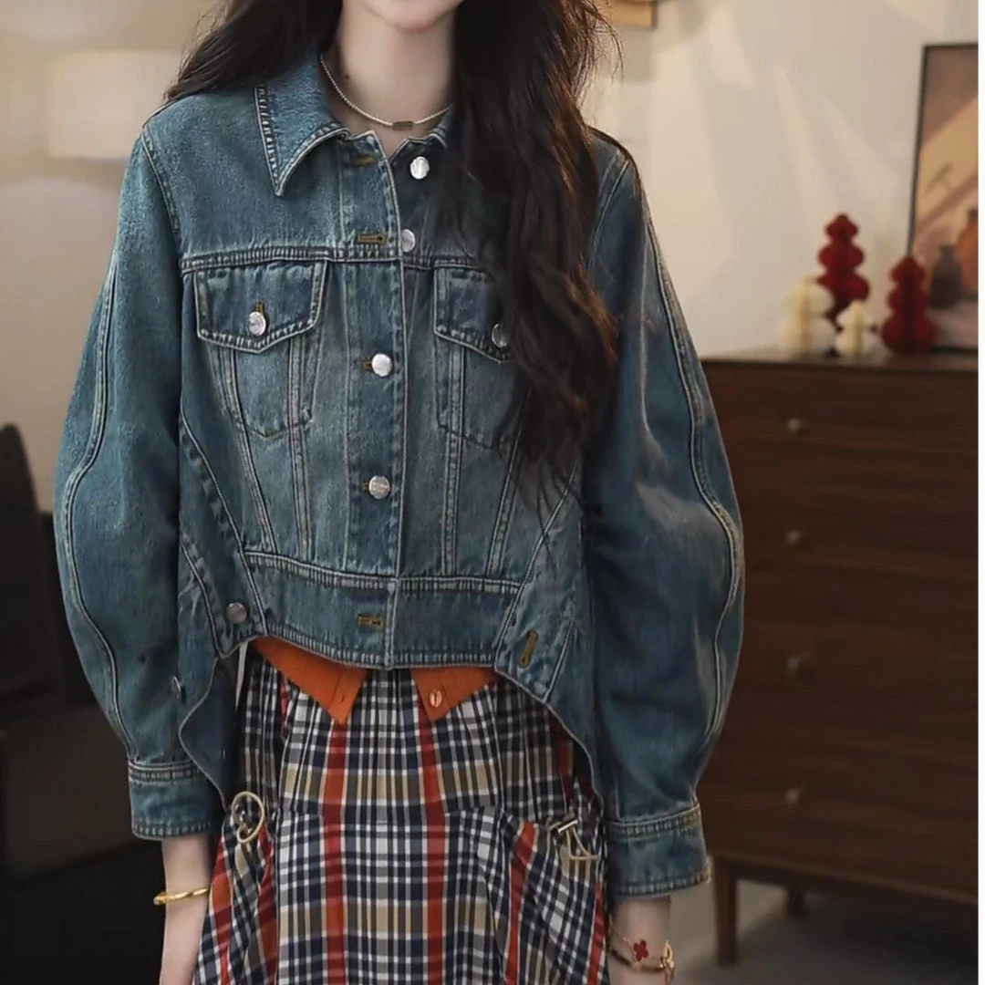 阿玛施5400781老钱风复古时尚宽松牛仔外套翻领短mm女士正肩夹克