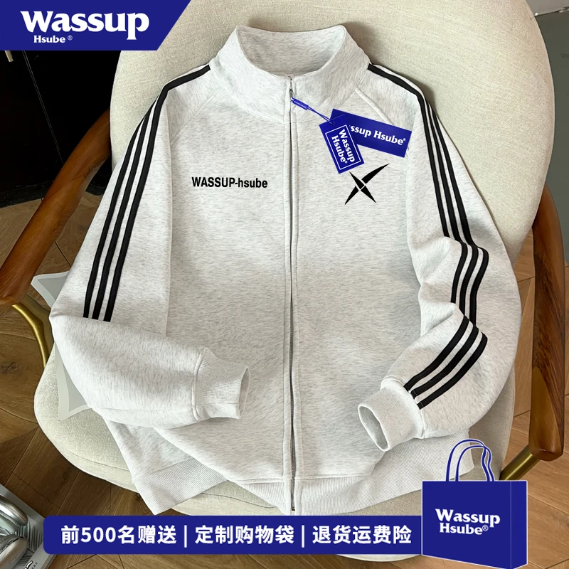 WASSUP HSUBE设计感字母图案印花开衫卫衣男女秋冬撞色三条杠外套