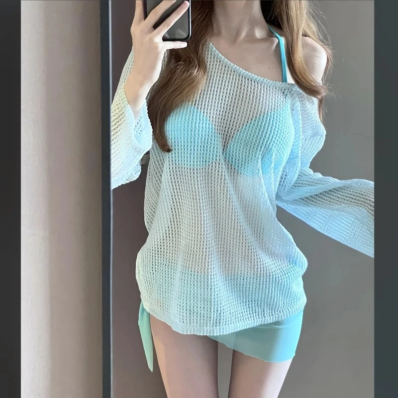 新款性感聚拢比基尼女泳衣带罩衫长袖防晒显瘦辣妹度假泡温泉泳装