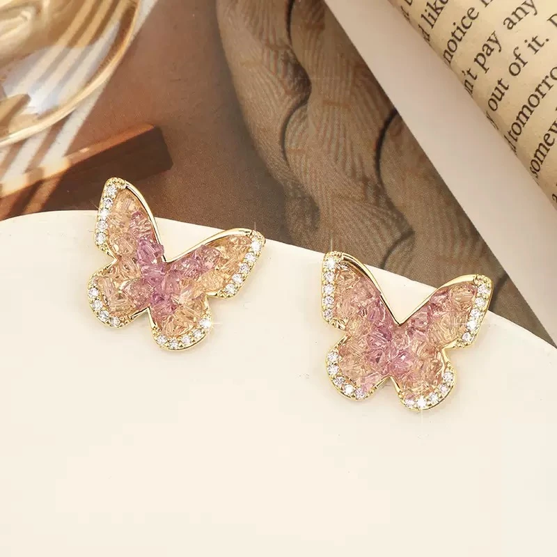 铜合金珐琅耳饰 可爱复古时尚女彩色耳钉蝴蝶昆虫饰品金色简约