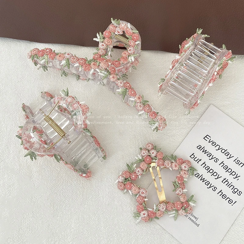 浅粉色小碎花抓夹鲨鱼夹大号与花有约发夹后脑勺盘发发抓超仙头饰