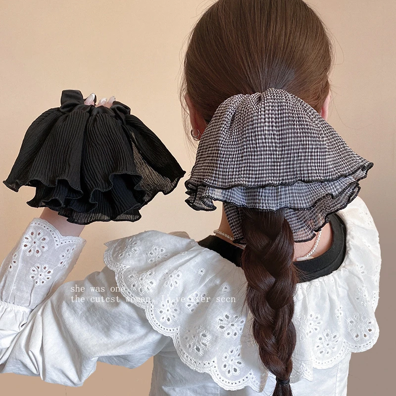 韩系千鸟格木耳边裙摆发圈女2025年新款高级感低马尾头绳百搭发绳