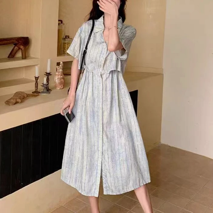S静奢风简约显瘦条纹假两件重工甜美连衣裙A13340
