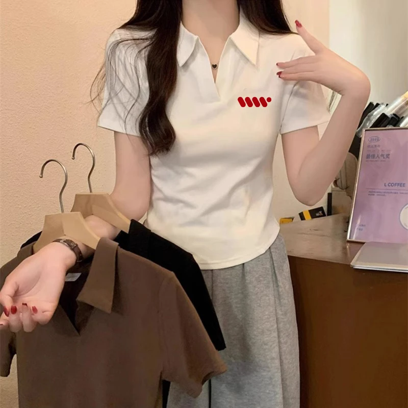 显瘦卡通小上衣polo衫休闲v领甜辣短袖t恤女正肩夏季2025新款修身