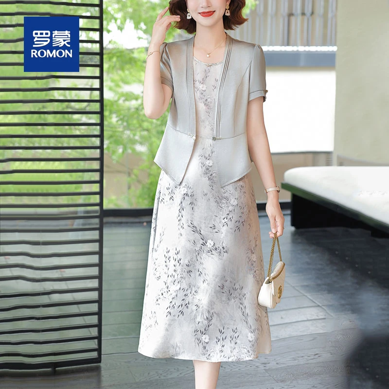 罗蒙新中式妈妈夏装小衫连衣裙套装2025新款中老年女装国风雪纺裙