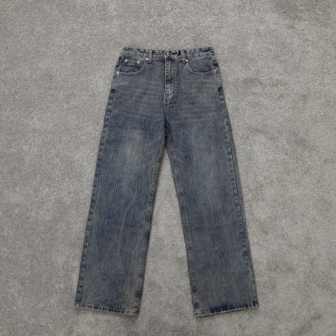 S123美式竹节纹牛仔裤男宽松垂感长裤重磅直筒拖地裤做旧阔腿裤