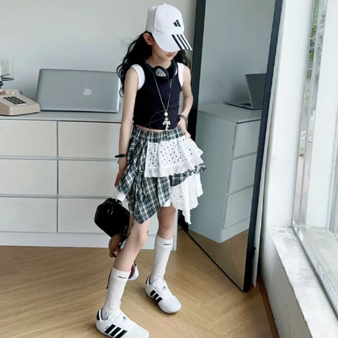 女童夏季时髦不规则短裙套装2025大童新款炸街短袖裙子两件套潮