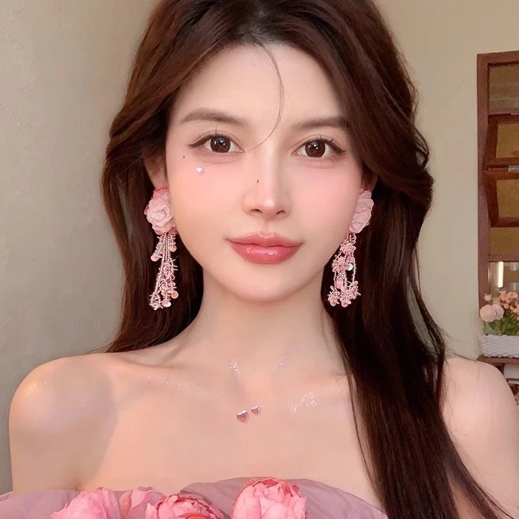 花瀑布~欧根纱水晶花朵流苏耳钉女小众设计夸张耳环气质耳饰