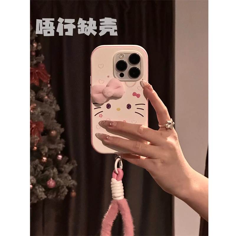 卡通可爱粉绒蝴蝶结白底爱心KT表情适用苹果16promax/15Pro/14/13