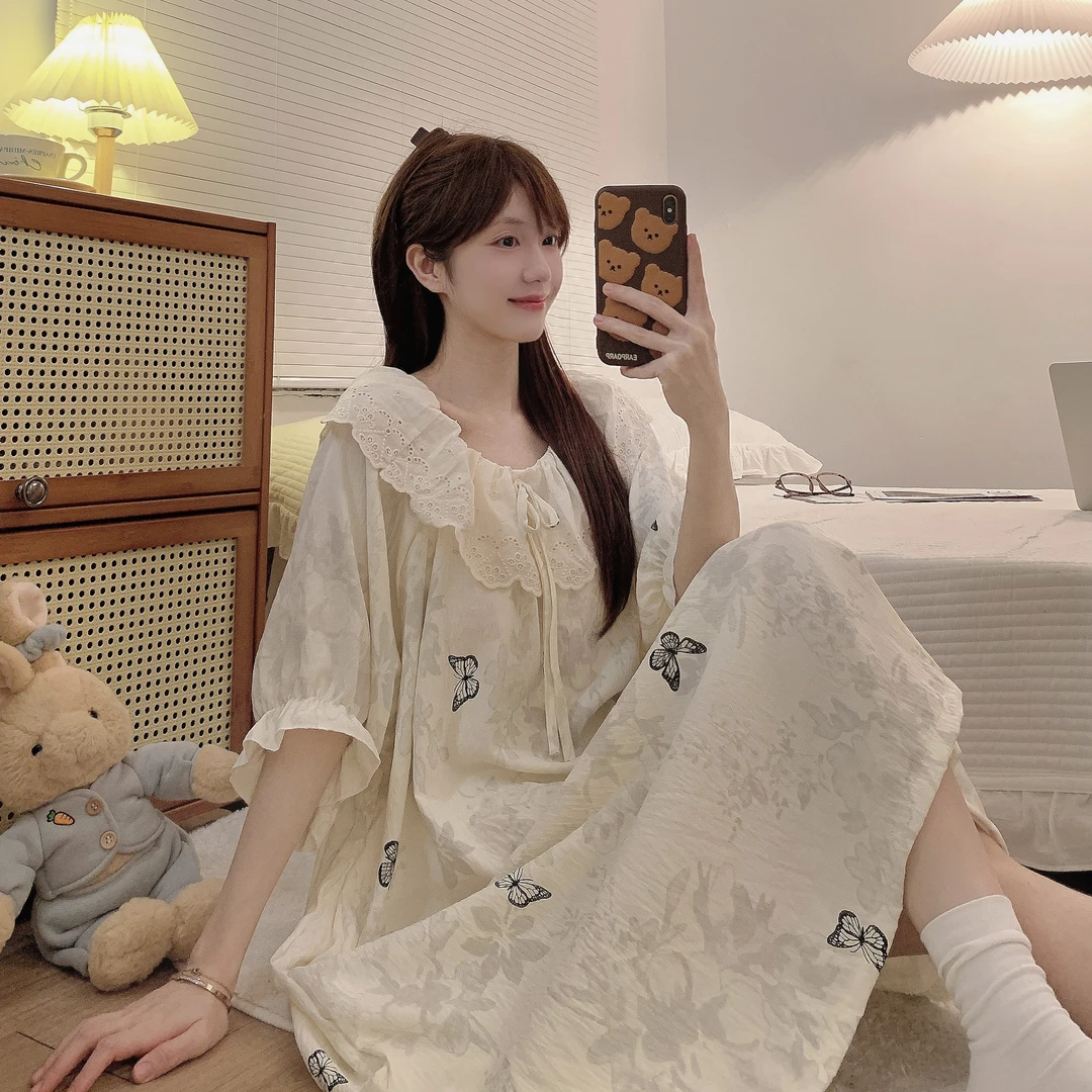 夏季带胸垫睡裙女短袖中长款连衣裙甜美韩版大码家居服睡衣可外穿