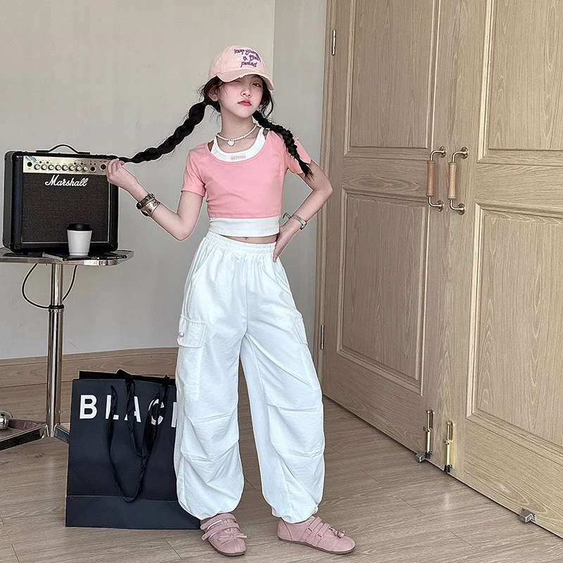 女童工装裤2025夏季套装薄款直筒阔腿裤大童束脚裤子儿童街舞洋气