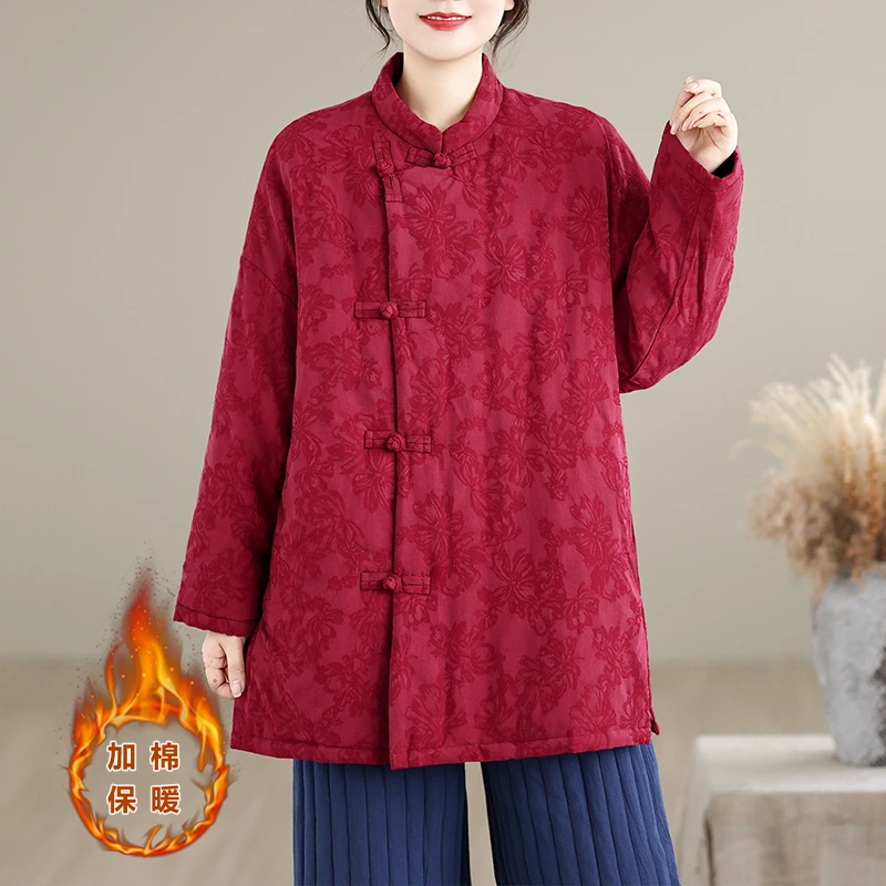 2025年冬季新款中式国风盘扣立领提花加棉中长款斜襟保暖棉衣上衣