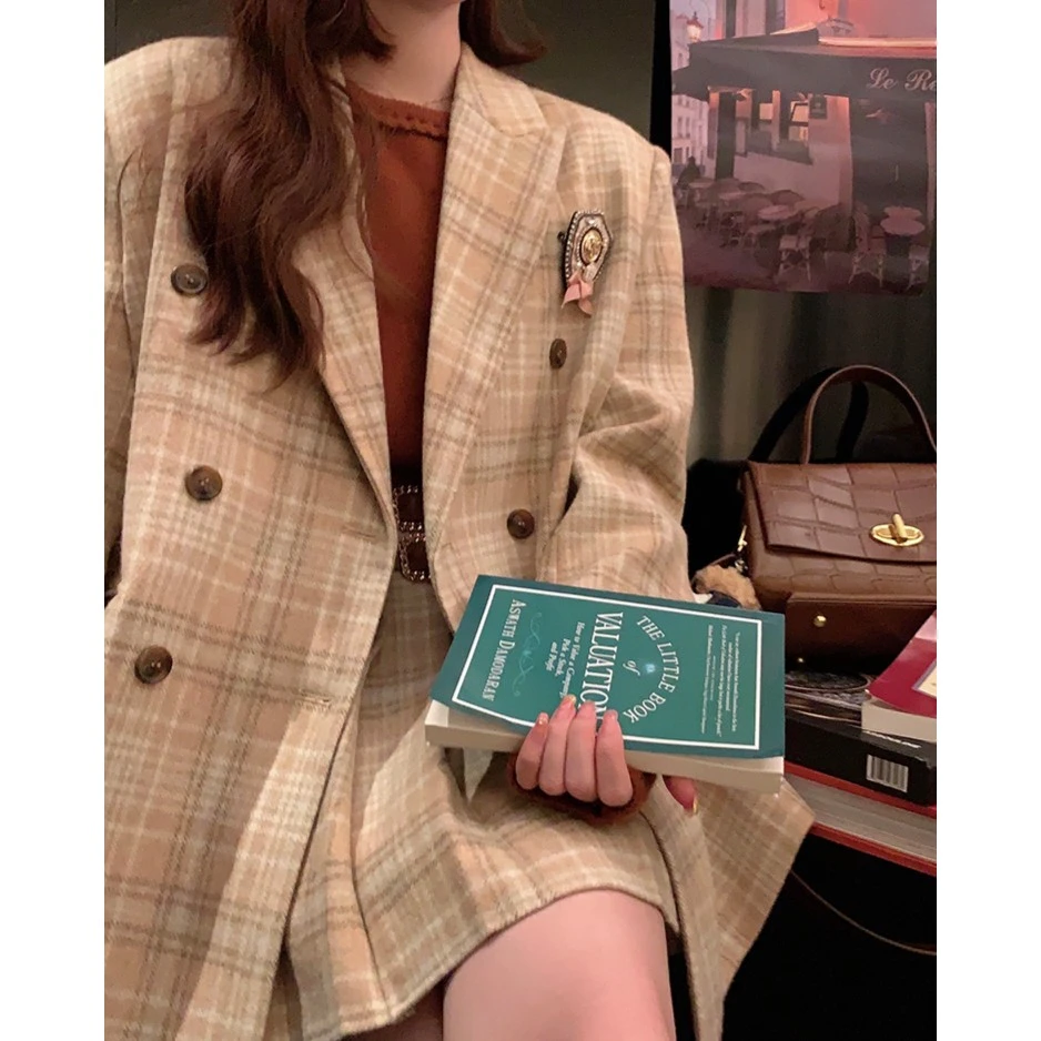 【现现】 格子毛呢学院风西装外套套装M041