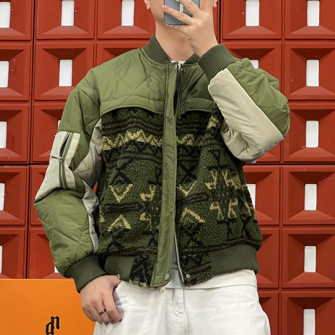 2024HKNB冬季新款复古民族风颗粒绒拼接撞色时尚休闲迷彩棒球夹克