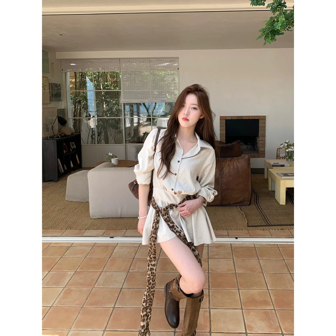 韩系长袖衬衫连衣裙女秋季新款设计感小众翻领收腰显瘦百搭短裙子