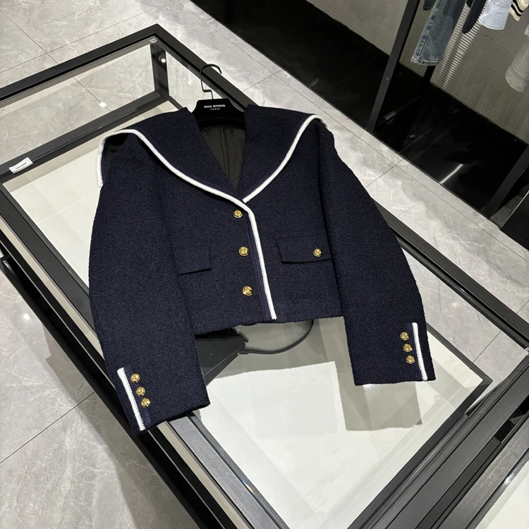 25年春装新款女装 时尚海军风拼白色花边大翻领毛呢外套-W059