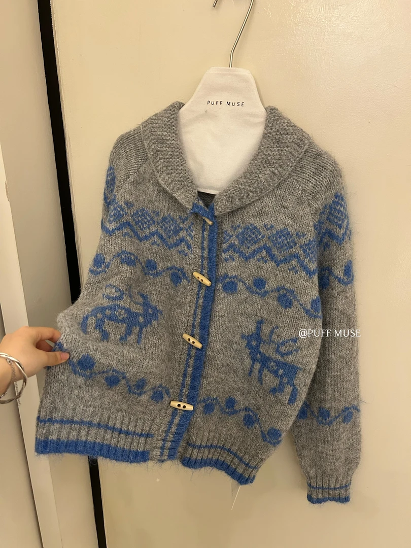 泡芙（460#）复古提花翻领尔岛复古感设计毛衣