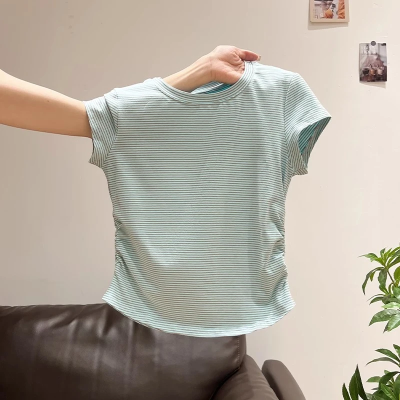 韩系时尚条纹圆领短袖T恤女2025夏季新款修身打底衫百搭显瘦上衣