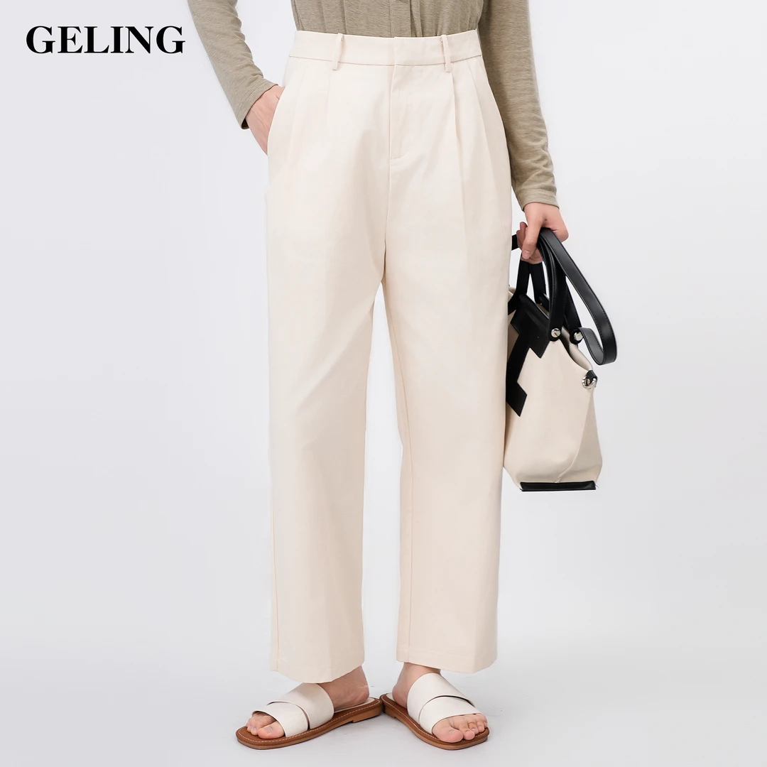 GELING/歌&玲2025新款春秋100%棉前中压线显瘦阔腿西装裤G512W47K