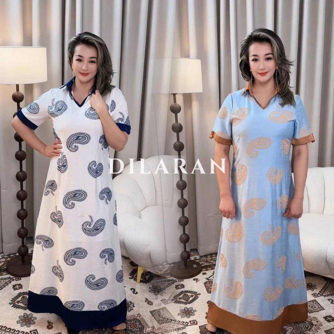 Dilaran V领常规短袖巴旦木花纹短袖连衣裙