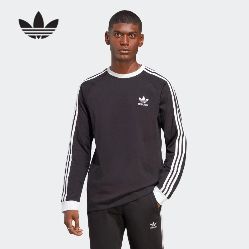 adidas阿迪达斯三叶草男女2025春季新款三条纹复古长袖T恤IA4877