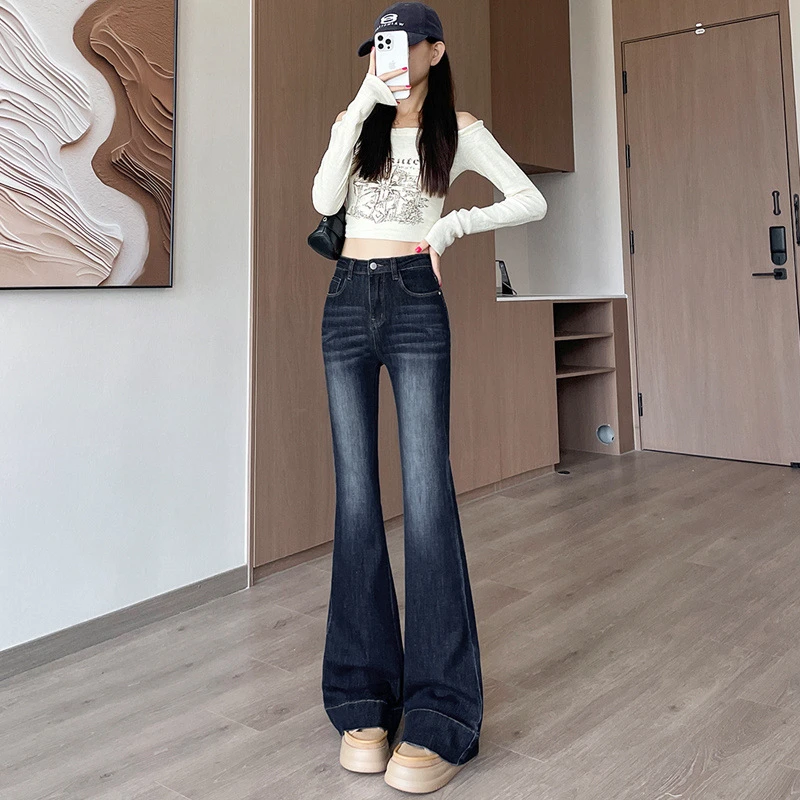 2025新款美式柔软微喇牛仔裤女秋季高腰宽松休闲显瘦阔腿拖地裤子