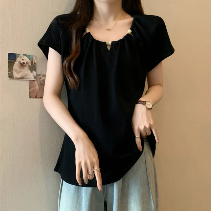 大码串珠镂空短袖T恤女夏季新款胖MM宽松显瘦百搭洋气小飞袖上衣