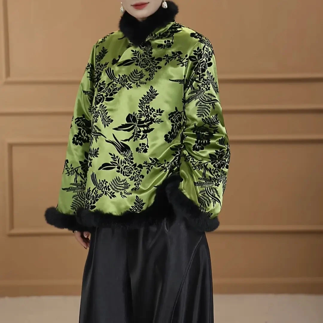 2025加绒加厚长袖上衣中式豹纹时尚网红绿色国风斜襟冬装外套女款