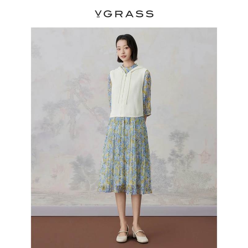 VGRASS原创印花渐变褶皱时髦假两件连衣裙夏季新款裙子VXL4P2333A