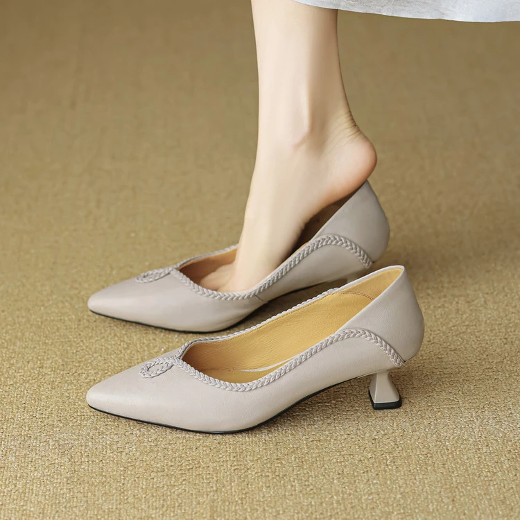 5cm~时尚编织浅口单鞋女百搭通勤工作鞋春秋尖头中跟高跟鞋配裙子
